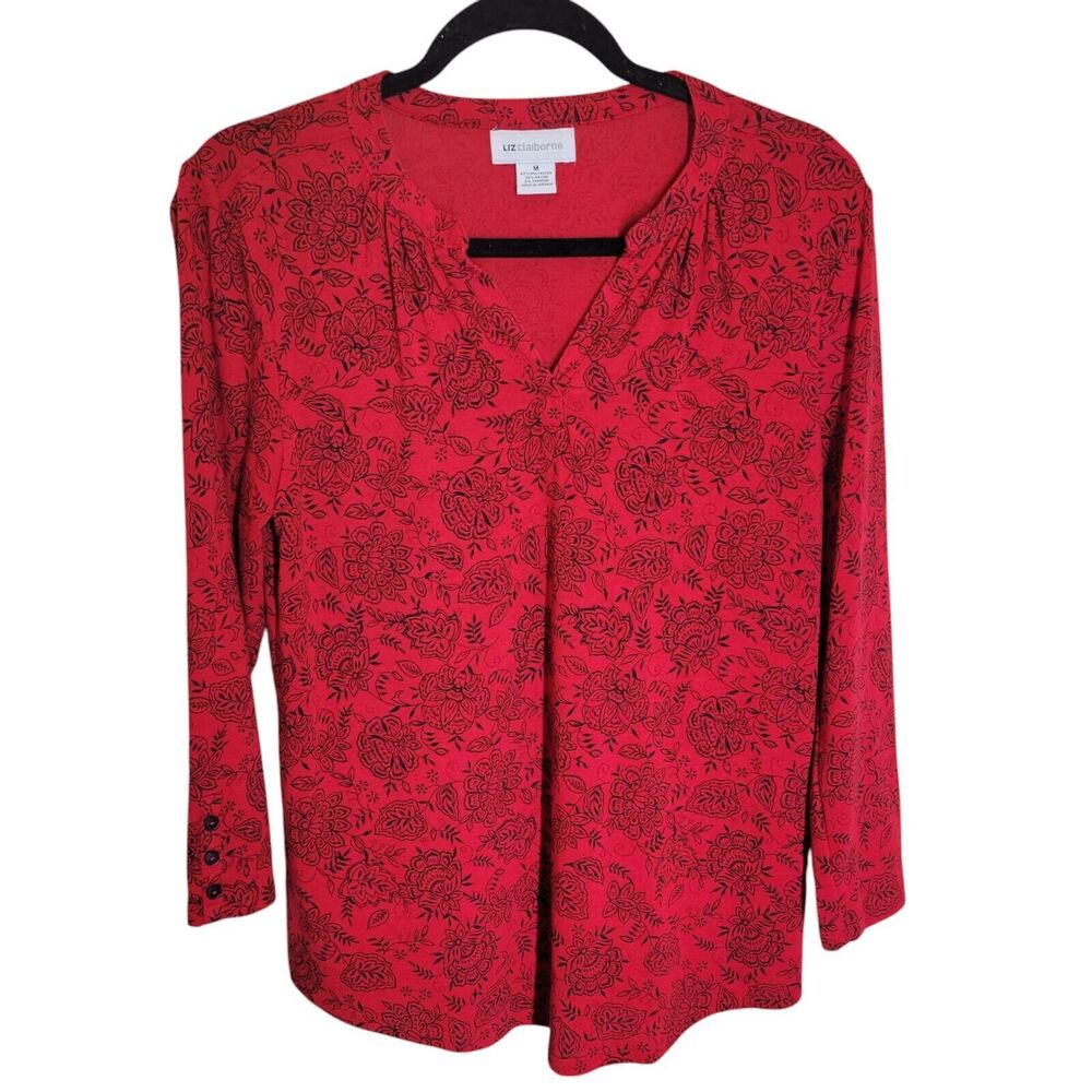 Liz Claiborne Womens Sz M Red Floral Long Sleeve Blouse